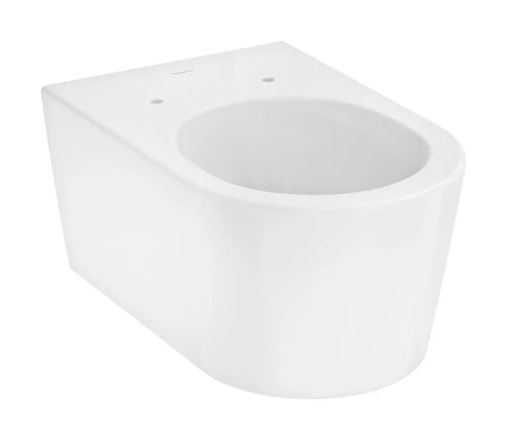 Helle, wandhängende Toilette von Hansgrohe ohne Spülrand, mit runder Öffnung und glatt gestaltetem Design. Ideal für moderne Badezimmerkonzepte.